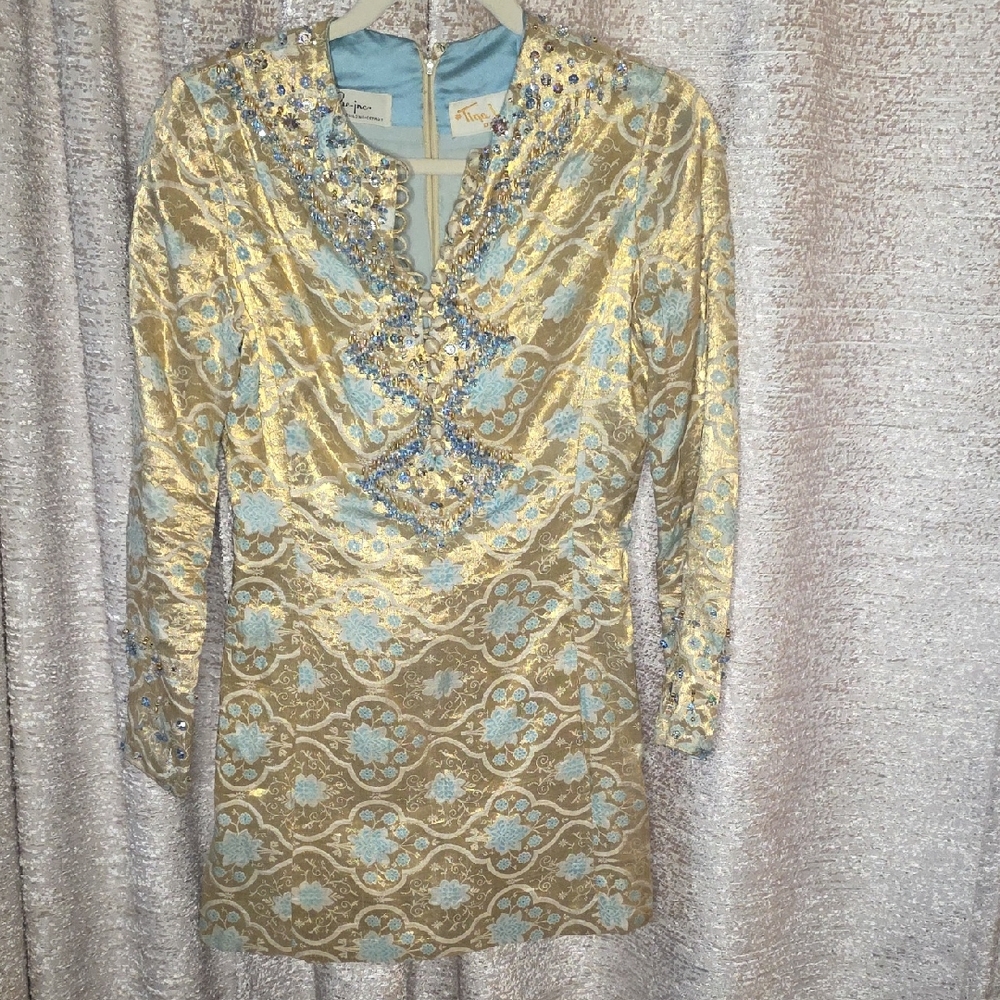 VINTAGE Gold & Light Blue Embellished Jacquard Mini Dress